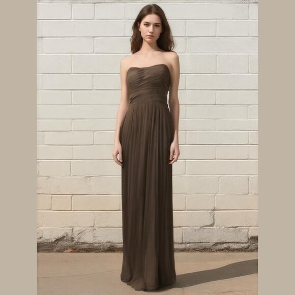 Jenny Yoo Collection Brown Silk Ruched Strapless Formal Evening Gown 10 - Picture 1 of 16